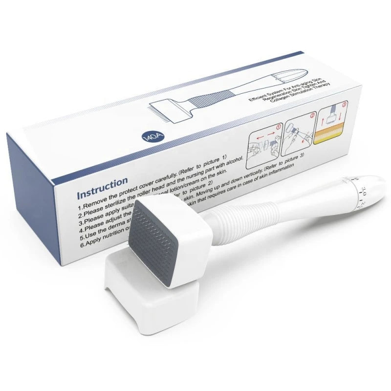 A white adjustable microneedling derma stamp device and its packaging box.