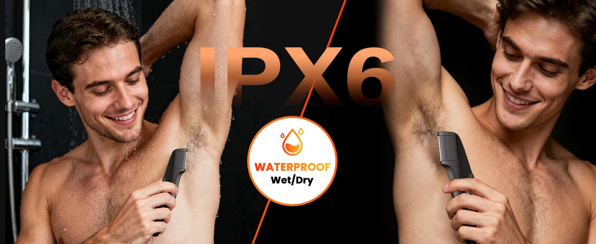 A man is using a waterproof wet/dry body hair trimmer kit on his arm, demonstrating its use.