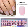 A set of 16 pink false fingernails in various sizes displayed next to a pink nail tip applicator.