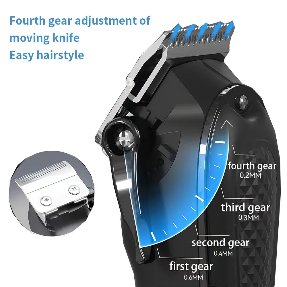 Close-up view of a professional electric hair clipper showing the adjustment of four gears for different cutting lengths.