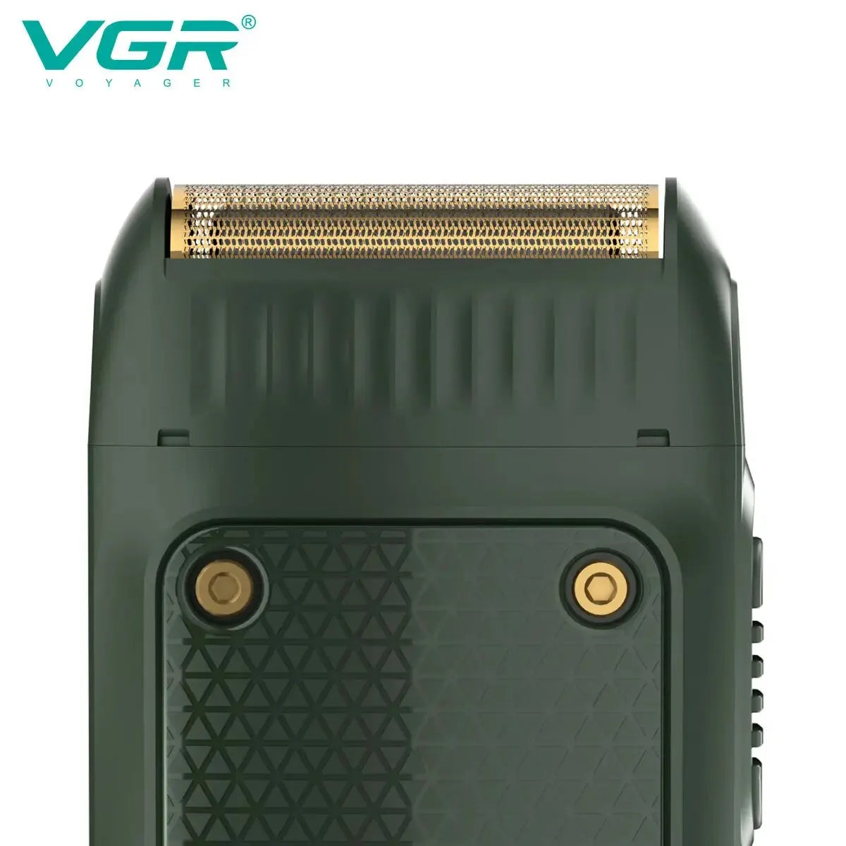A close-up view of a dark green electric shaver with a gold-colored shaving head.