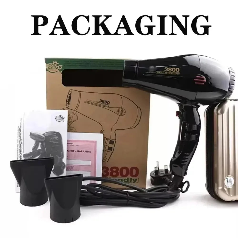 A black professional ceramic hair dryer and its packaging box are shown on a white background.