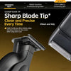 Close-up of a black electric hair trimmer with a sharp blade tip for grooming.