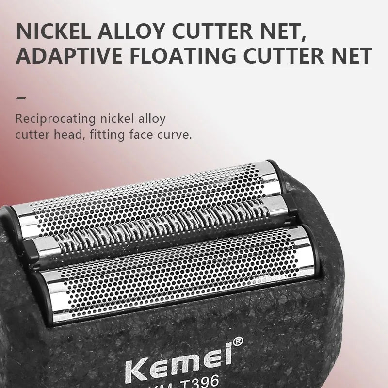 Close-up of a Kemel T396 nickel alloy adaptive floating cutter net used for shaving.