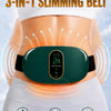 A green electric slimming belt is shown being worn around the abdomen, highlighting heating, deep vibration, and slimming fun