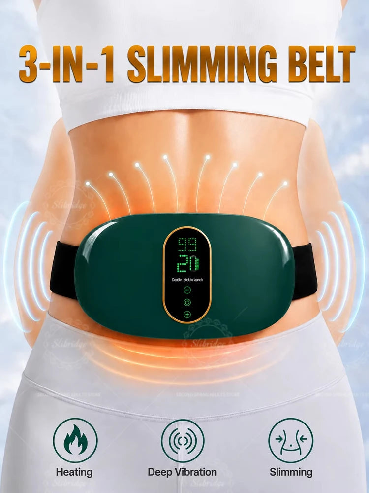 A green electric slimming belt is shown being worn around the abdomen, highlighting heating, deep vibration, and slimming fun