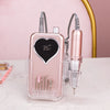 A pink cordless rechargeable nail drill with a heart-shaped body and various drills visible on the front.