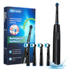 A black rechargeable electric toothbrush is shown with its components and packaging.