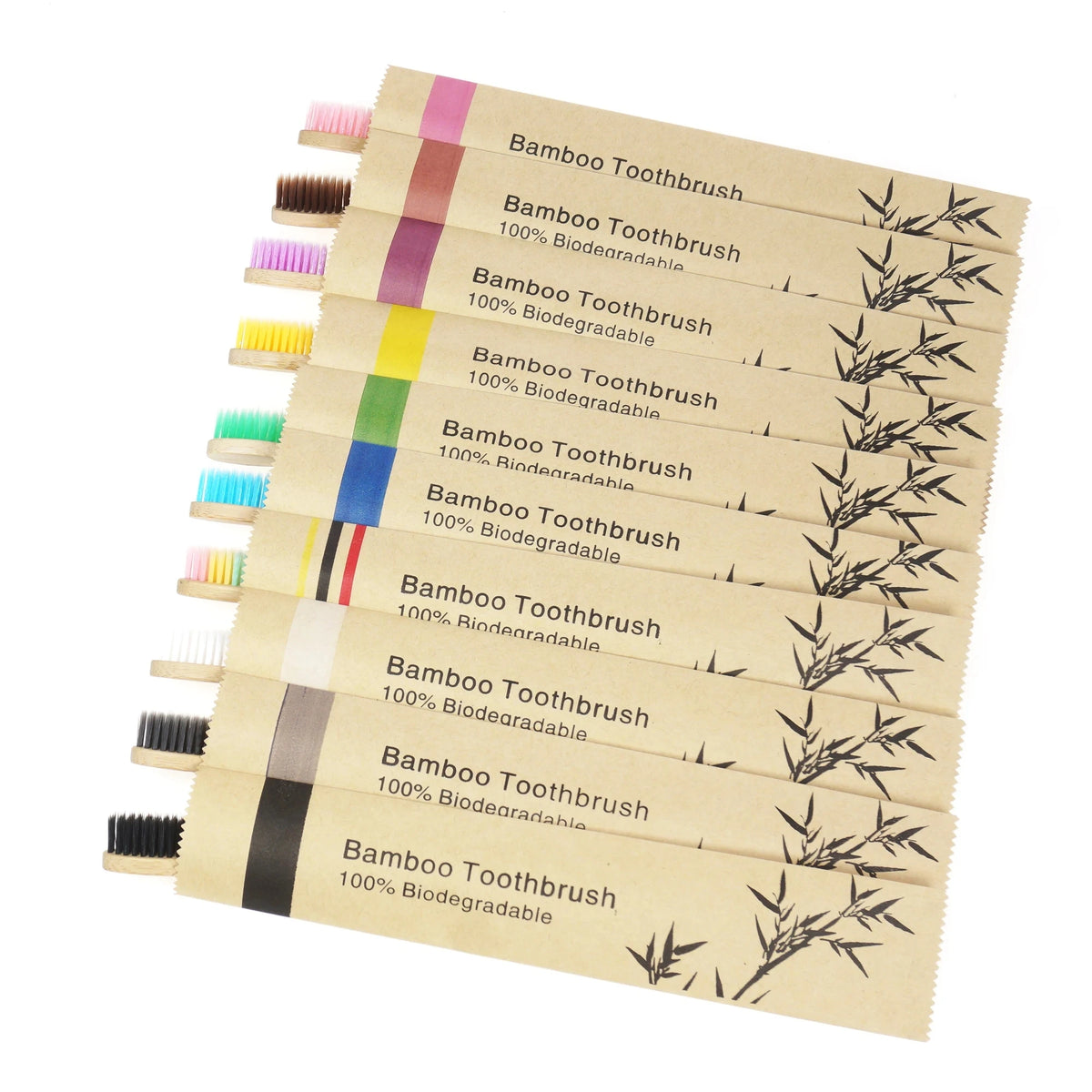 A pack of ten bamboo toothbrushes in various colors and sizes with soft bristles.
