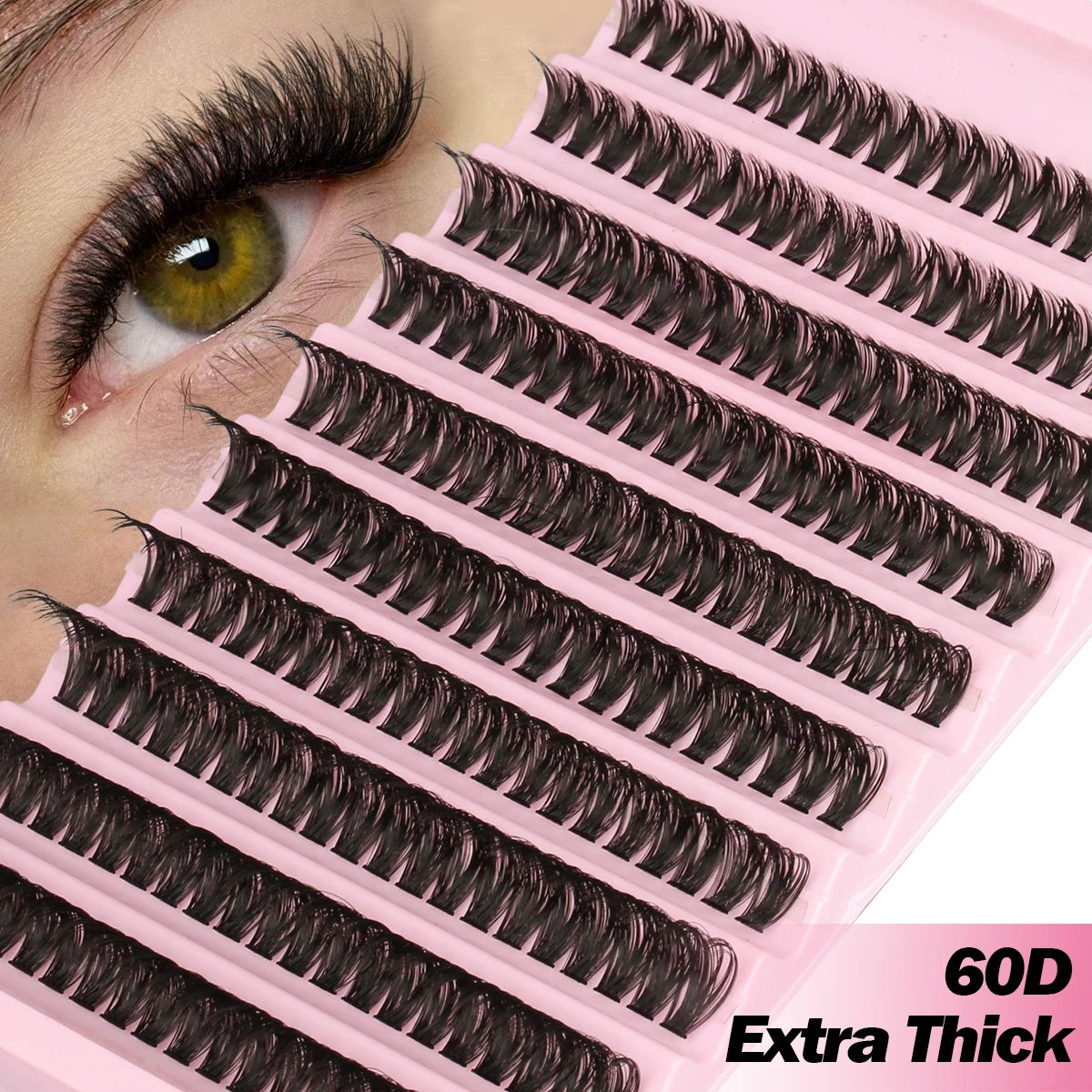 A close-up of pink lash clusters showing various styles of black false eyelashes.