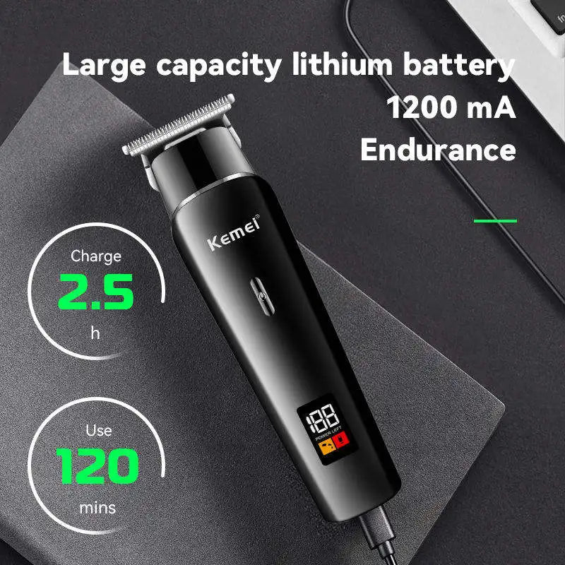 A black Kemei electric hair and beard trimmer with a large lithium battery showing usage details.