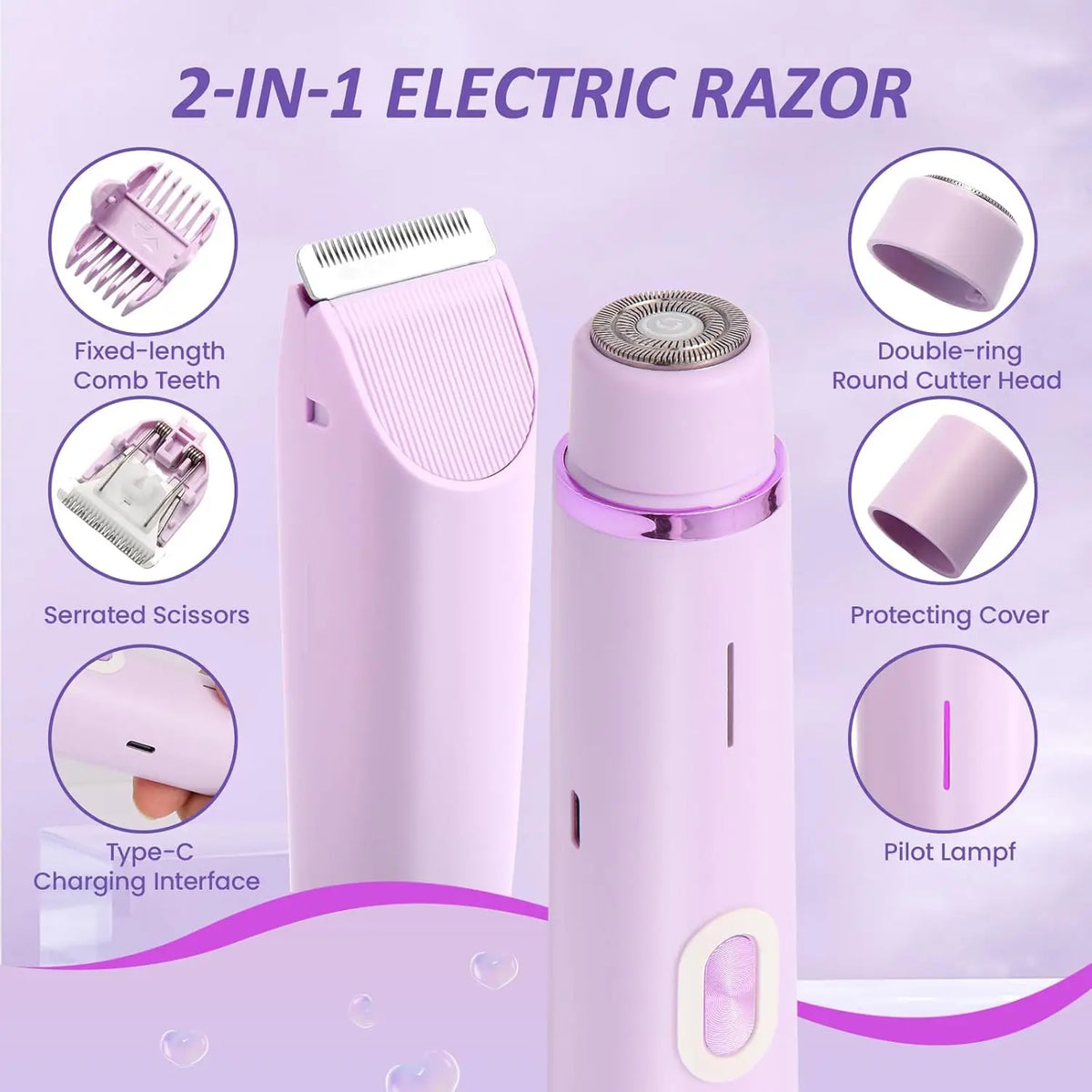 A pink 2-in-1 electric razor set showing the main body and a separate cutter head with various attachments.