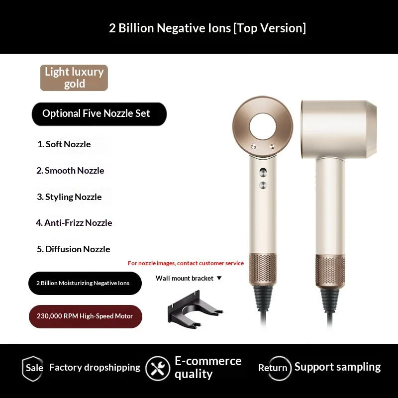 A light gold 5-in-1 bladeless hair dryer set featuring soft, smooth, styling, anti-frizz, and diffusion nozzles.