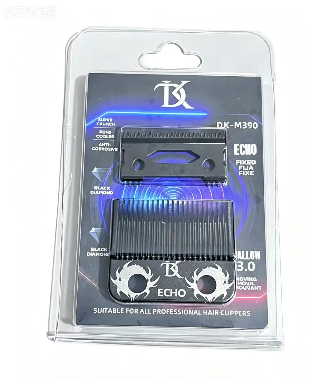 A package containing an EK-M390 hair clipper blade trimmer replacement set with a black diamond blade.