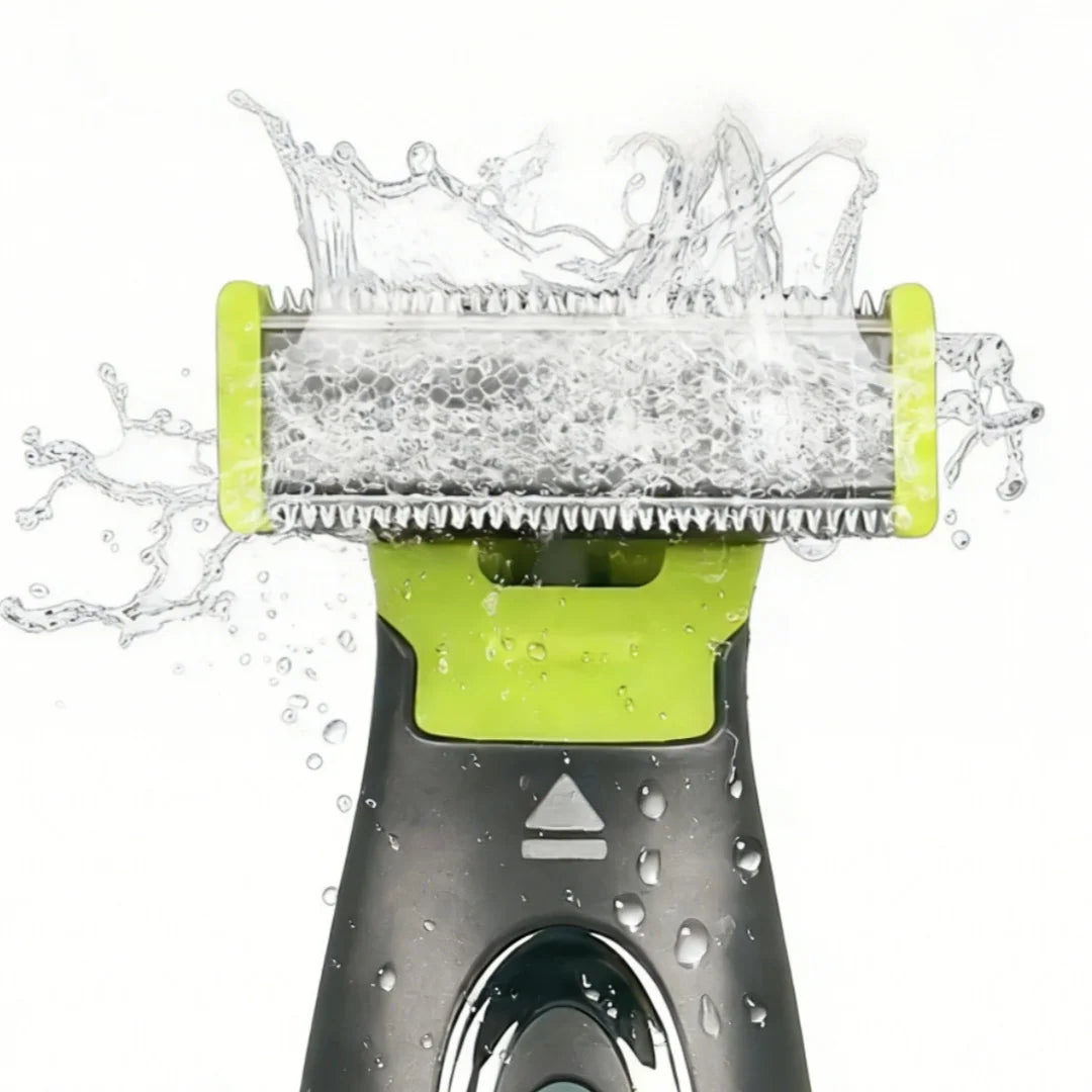 A close-up of a replacement electric shaver blade being used, with water splashing around the cutting area.