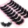 A set of natural mink striped false eyelash extensions displayed on a pink background.