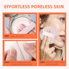 Instructions showing how to apply effortless poreless skin using a powder puff on the face.