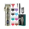A set of professional electric hair trimmers and attachments in various colors and sizes.