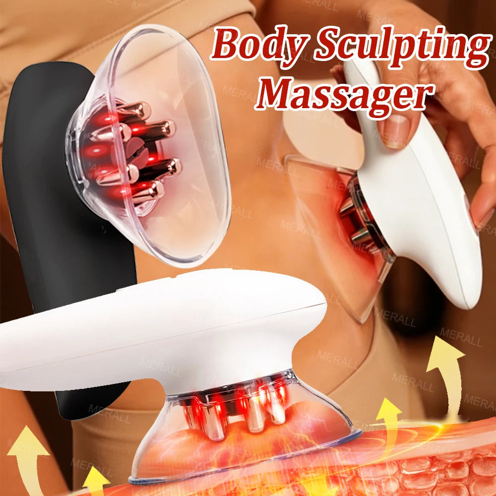 A hand is using a white body sculpting massager device on a person's leg to treat cellulite.