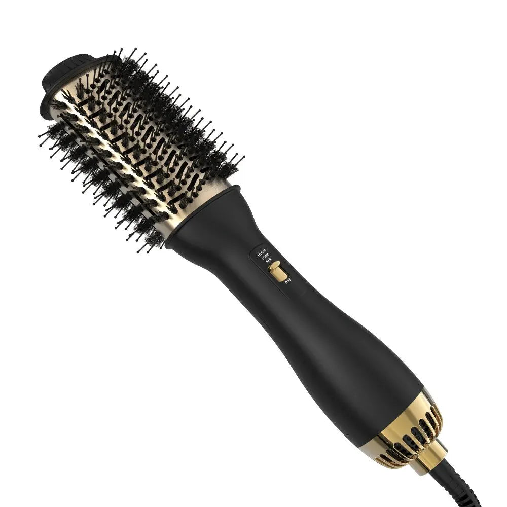A black professional hair blow dryer brush and volumizer with gold accents.