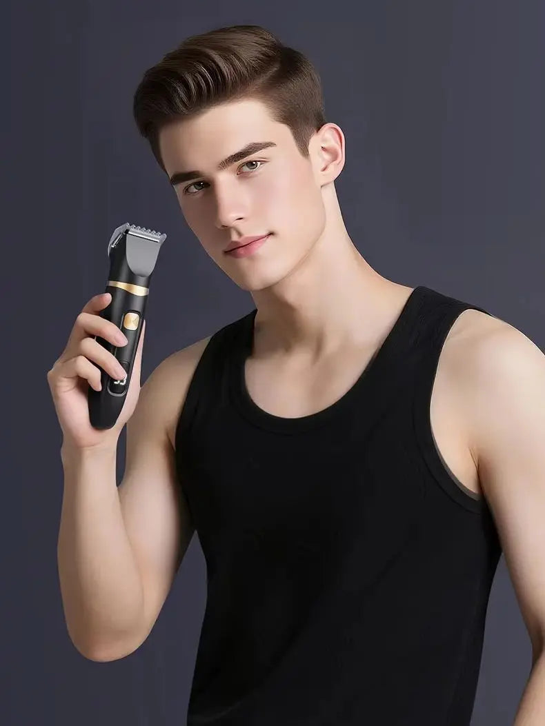 A young man holds a black 3-in-1 waterproof body trimmer shaver in his hand.