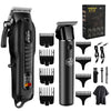 A black professional cordless hair trimmer kit for men showing various guard attachments and the main unit.