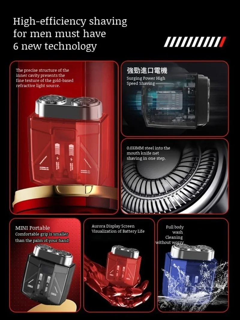 A set of portable magnetic electric shavers for men, including a main unit and a mini portable version.