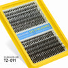 A yellow plastic box containing numerous clusters of black artificial eyelashes for DIY use.