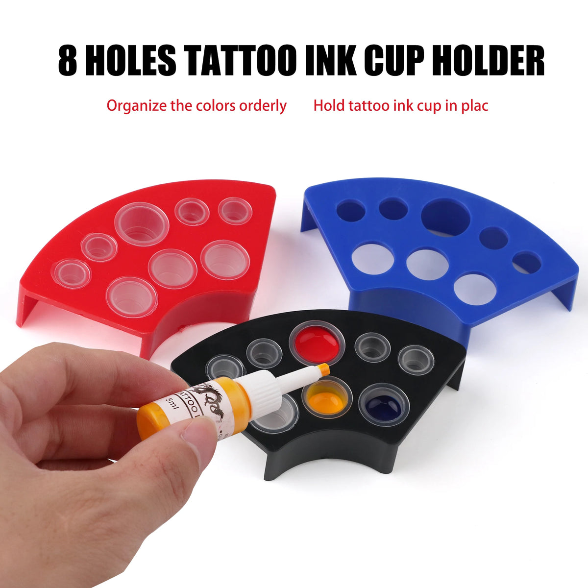 Set of eight colored tattoo ink cup holders in red, blue, and black plastic for organizing ink cups