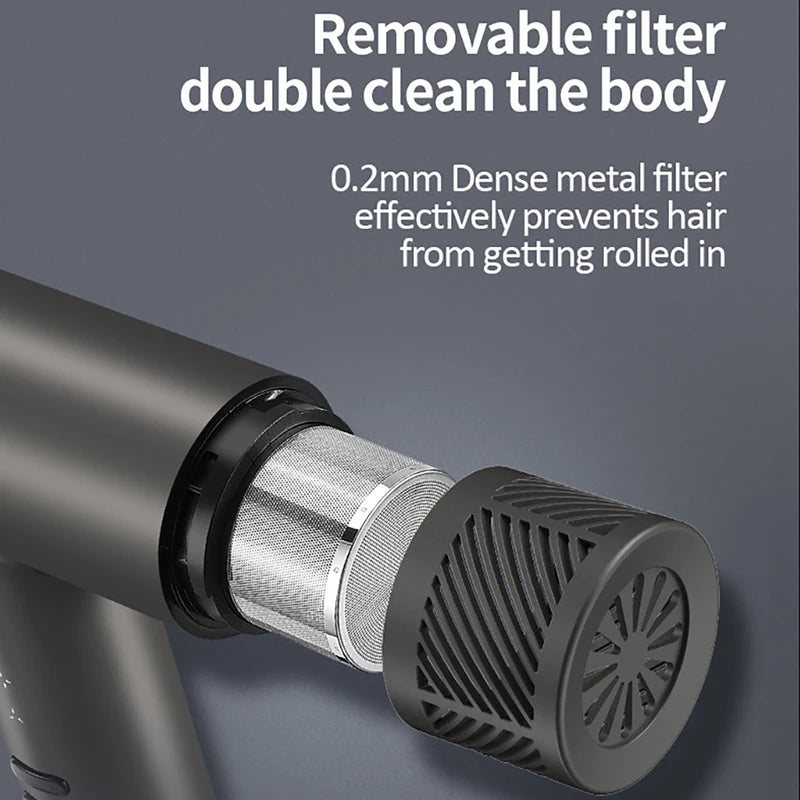 Close-up of a removable filter attachment for a professional electric hair dryer used in barbering.