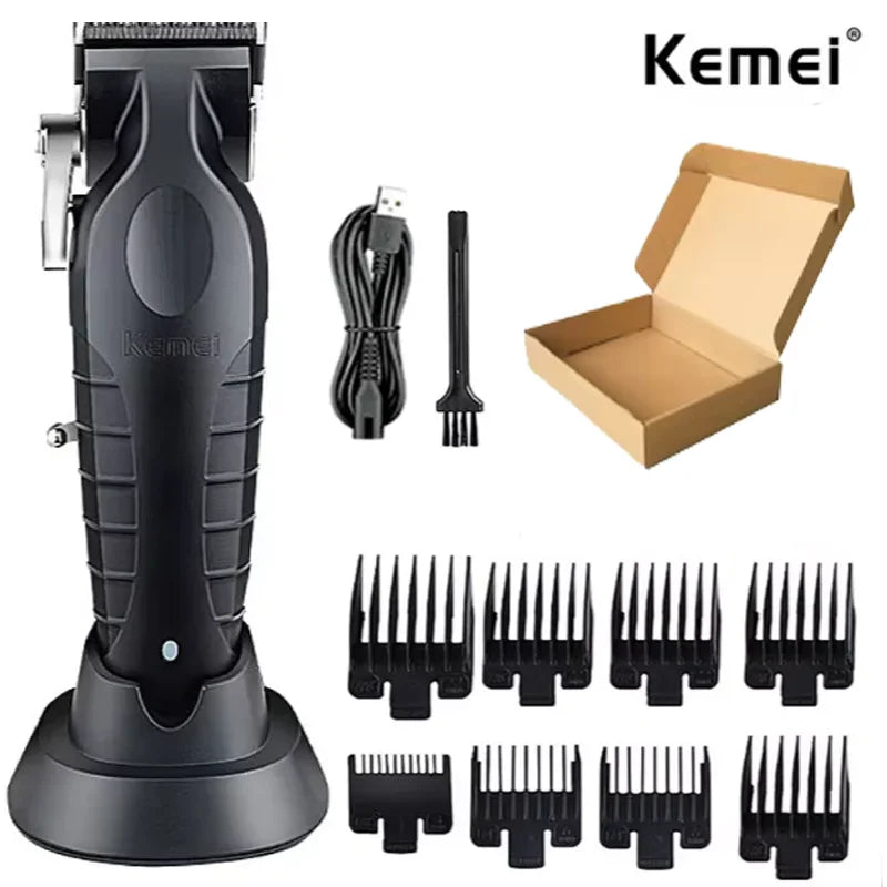 A black professional electric hair clipper grooming kit with various attachments and an open box.