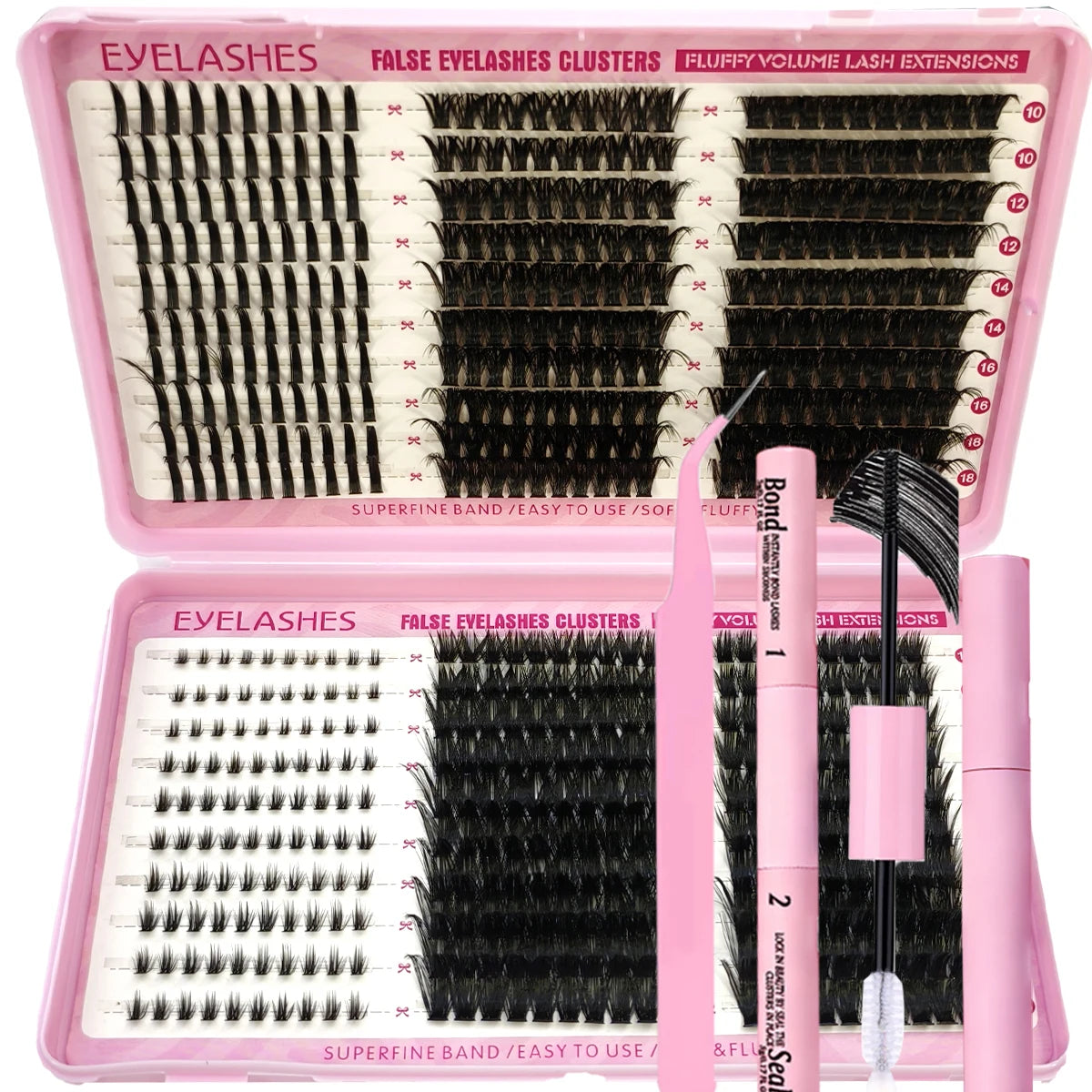 A pink plastic kit containing false eyelashes clusters and lash extensions for DIY use