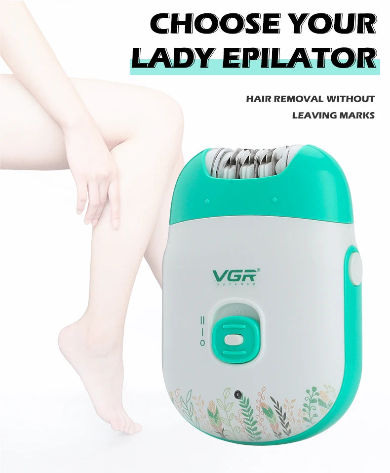 A white and teal VGR lady epilator device is shown next to a bare leg, demonstrating hair removal.