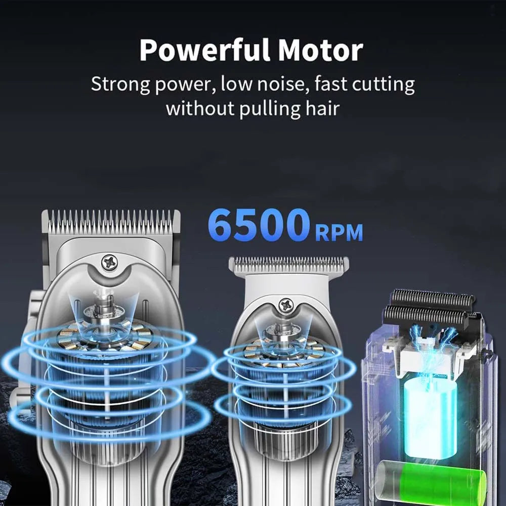 A set of professional electric hair clippers and trimmers showing the powerful motor and cutting blades.