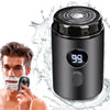 A close-up of a black electric shaver with a display showing 99, next to a man shaving.