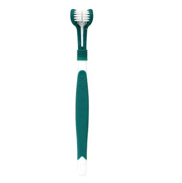 A green 3-sided pet toothbrush for dogs and cats with a white handle.