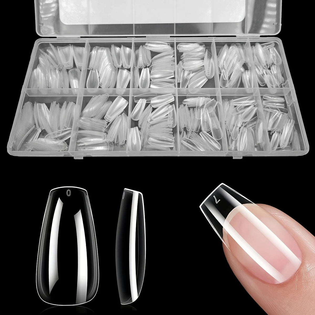 Un étui en plastique transparent contenant un ensemble de pointes à ongles de différentes formes et tailles.