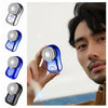 Various colors and finishes of a cordless electric beard trimmer shaver shown next to a man's face.