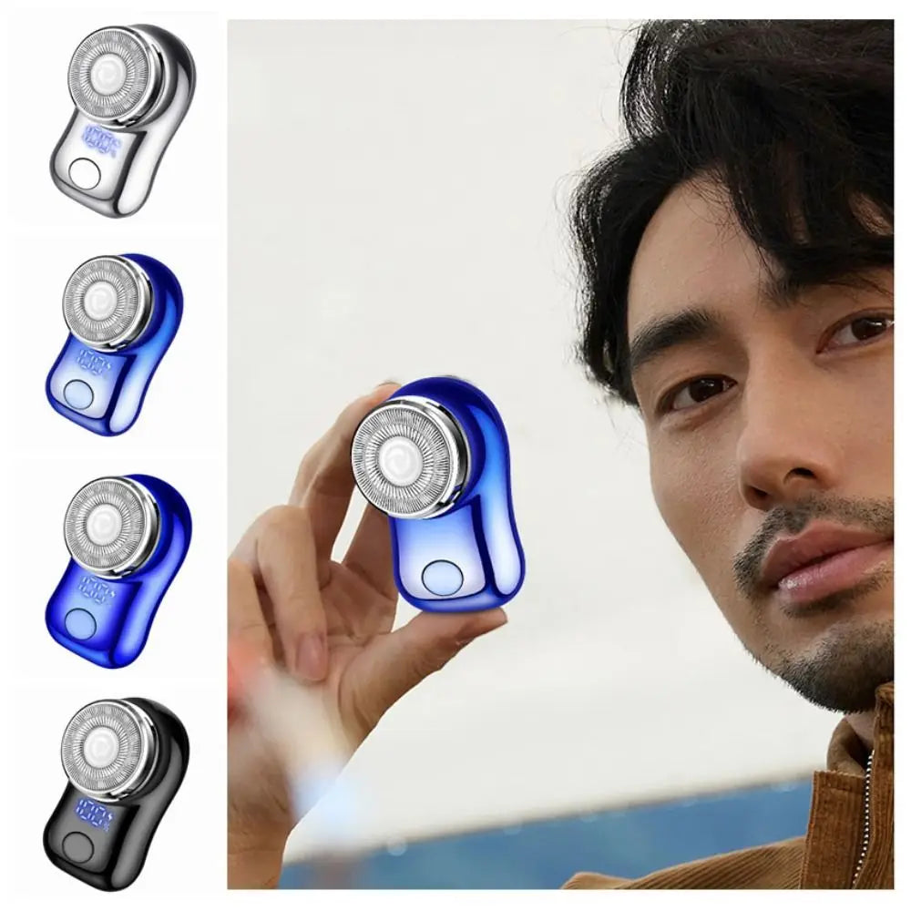 Various colors and finishes of a cordless electric beard trimmer shaver shown next to a man's face.