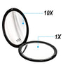 A portable magnifying makeup mirror showing 10x and 1x magnification views.
