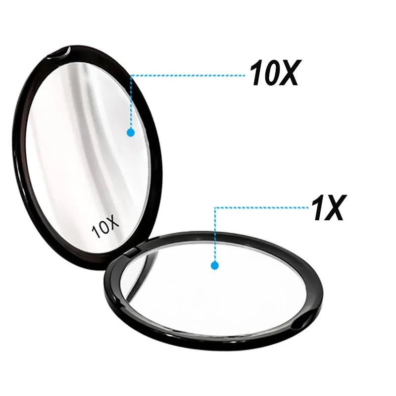 A portable magnifying makeup mirror showing 10x and 1x magnification views.