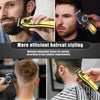 A man is using a yellow electric hair clipper for haircut styling.