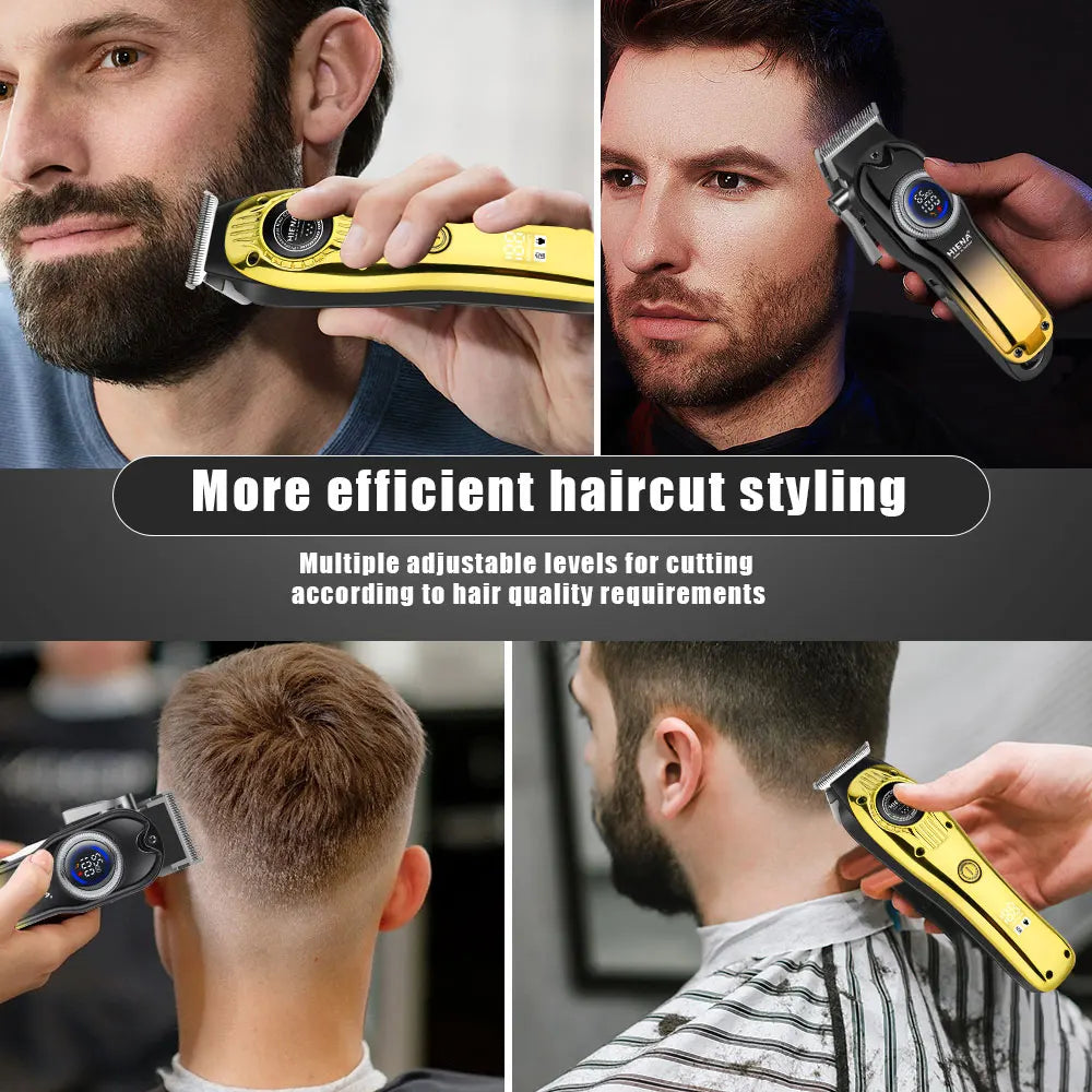 A man is using a yellow electric hair clipper for haircut styling.
