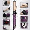 Diagram showing the components of an automatic rotating curling iron including the head, tube, insulation bracket, digital di