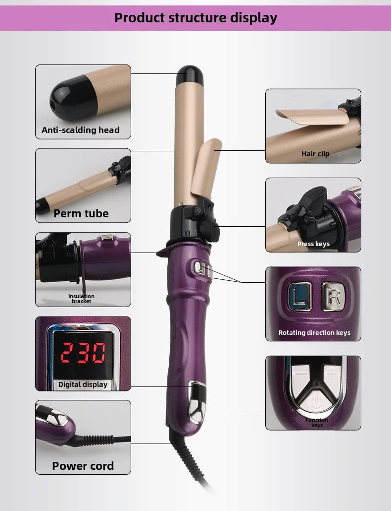 Diagram showing the components of an automatic rotating curling iron including the head, tube, insulation bracket, digital di