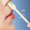 A close-up of a woman's nose showing a double-headed manual nose hair trimmer being used.