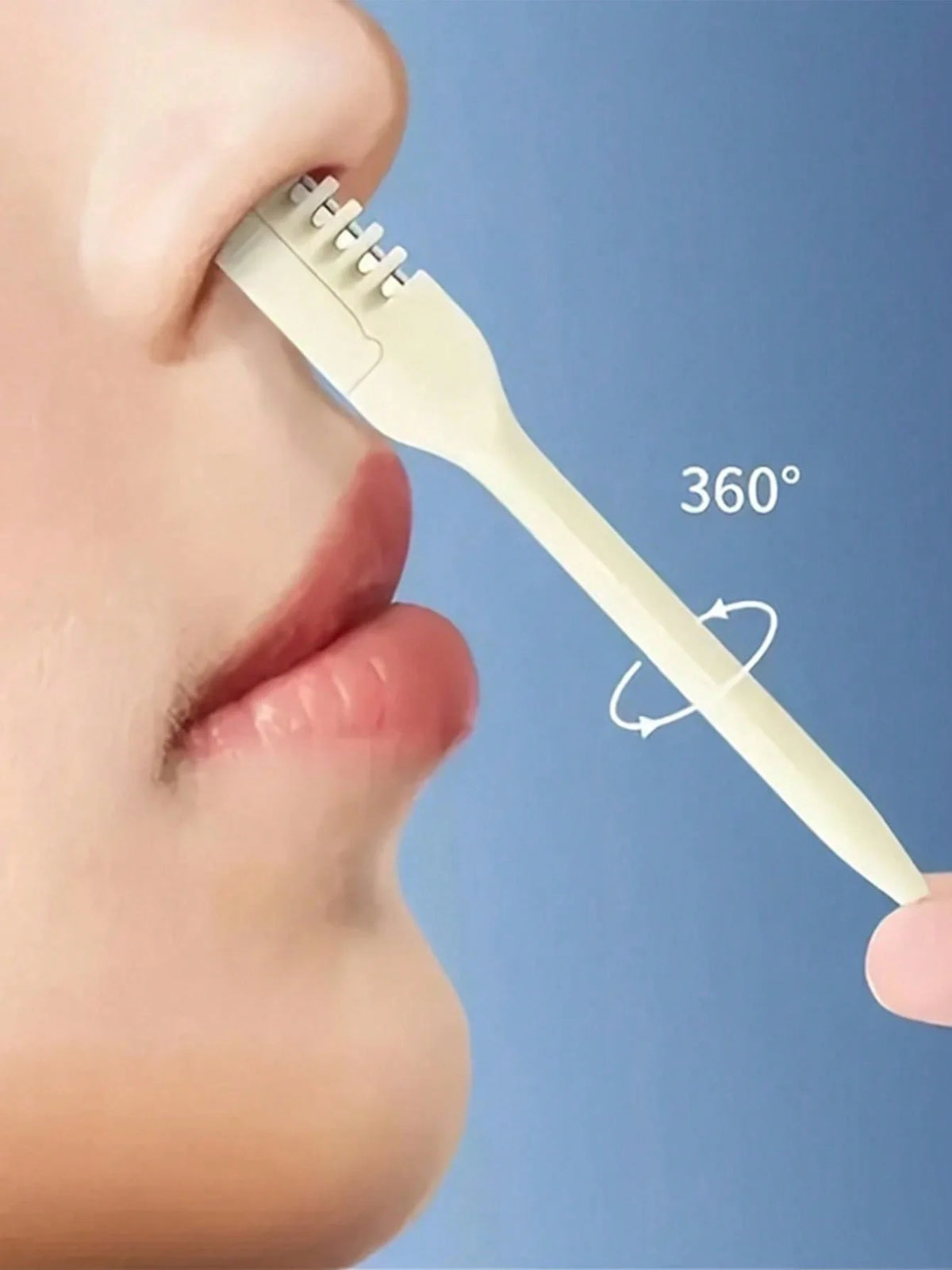 A close-up of a woman's nose showing a double-headed manual nose hair trimmer being used.