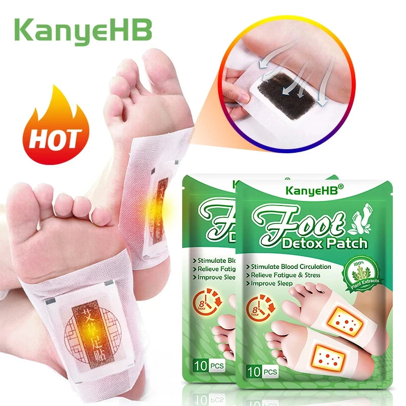 Pack of KanyeHB Detox Foot Patches for stress relief and detoxification shown on a foot.