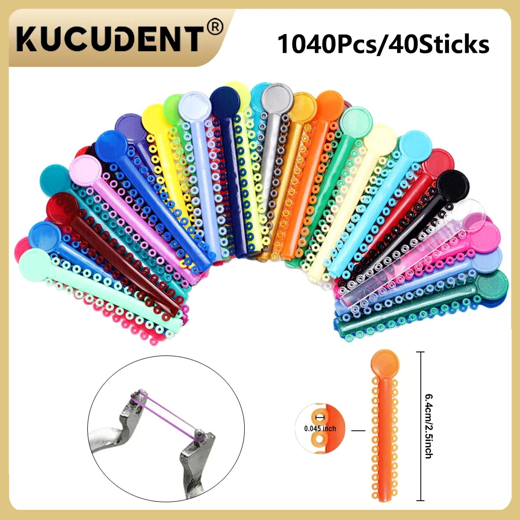 A collection of colorful orthodontic elastic ligature ties or tooth ties in various shades and sizes.