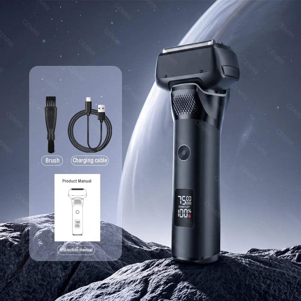 A black portable electric shaver is shown standing on a rocky surface with accessories and instruction manual.